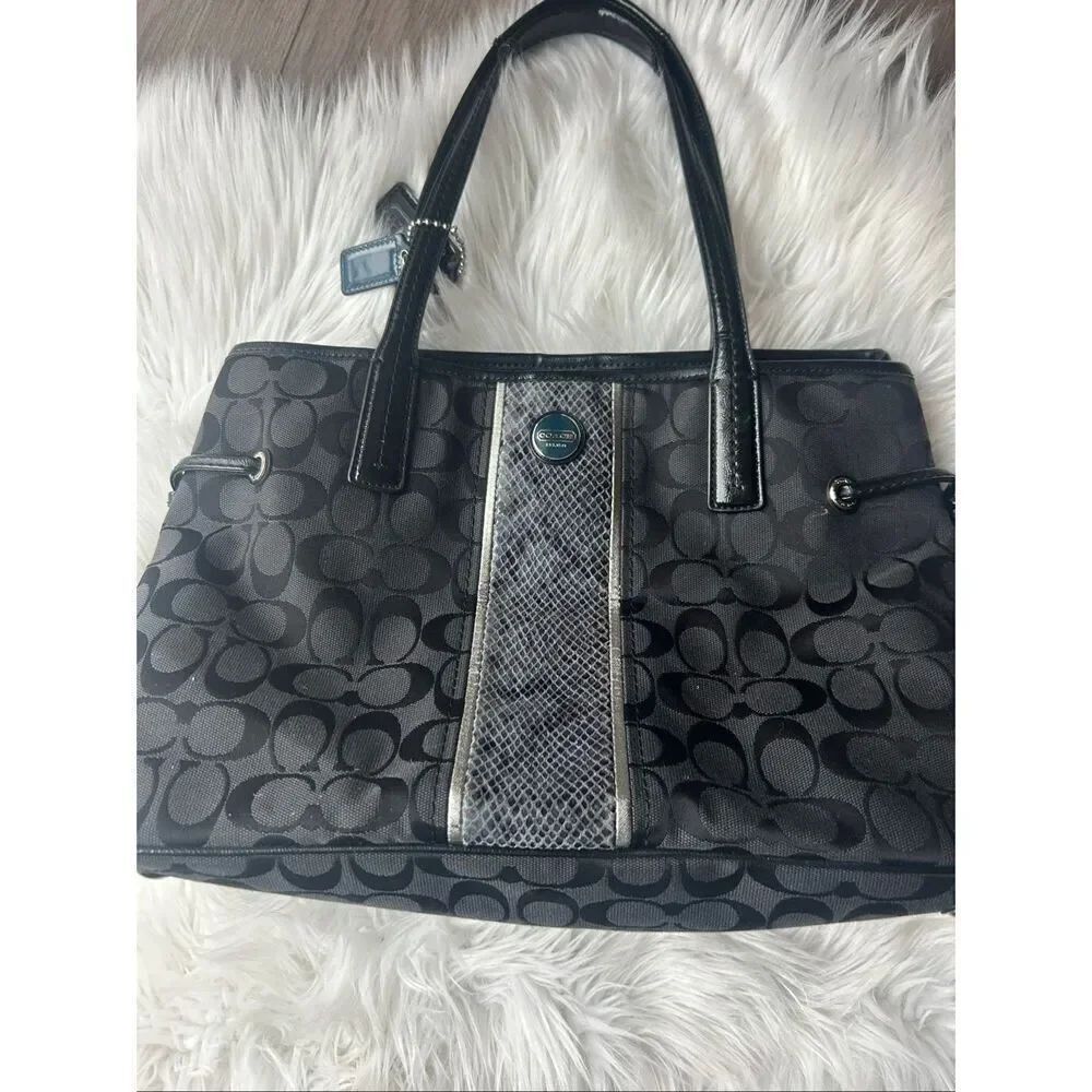 Coach Black Signature Python Stripe Carryall shoulder Bag 14x10x6 hobo